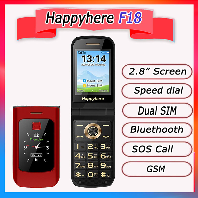 Happyhere-Flip Celulares Telemóveis, Dual Screen, Speed Dial, SOS Gravador de Rádio, tocha, MP3, Clamshell Cell, Frete Grátis, F18