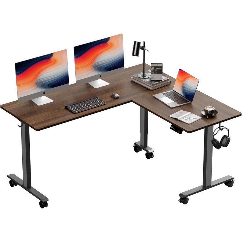 Stojące biurko w kształcie L, 63x5 Cal biurko z regulacją wysokości biurko do komputera elektryczny, stojące biurko narożny z kółkami
