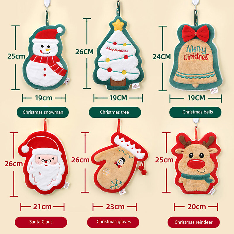 Cute Embroidered Snowman Elk Baby Christmas Hanging Towel Coral Plush Kids Quick Dry Finger Towel With Hanging Loop Soft Towel