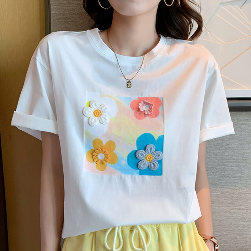Camiseta con bordado Floral para mujer, Camiseta de algodón para mujer, ropa Coreana de moda para mujer, camiseta de manga corta con cuello redondo, Tops de verano
