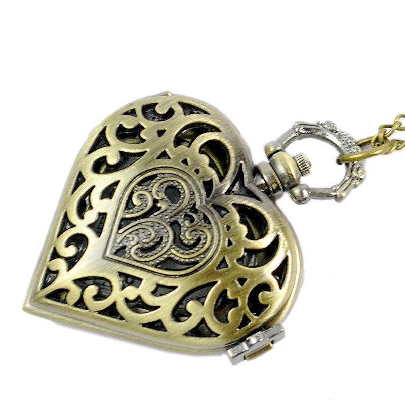 Vintage Heart Quartz Pocket Watch for Men Women Hollow Heart Skeleton Fob Chain Pendant Necklace Clock for Ladies Gifs Presentt