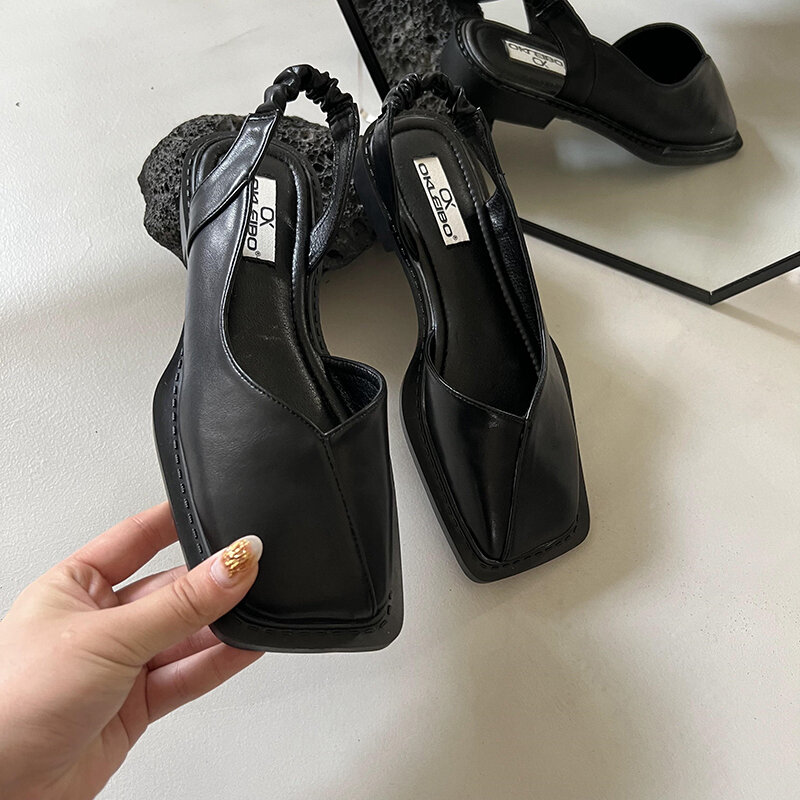 Sandalias elegantes con banda elástica para mujer, zapatos de tacón plano, poco profundos, tacón cuadrado, punta cuadrada, 35-40, verano, 2024