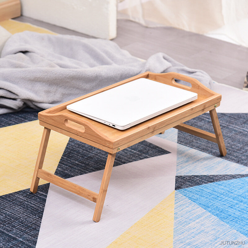 Nampan tempat tidur bambu alami portabel, Meja Laptop membaca game meja lipat alat dapur sederhana berguna 50x30x25cm