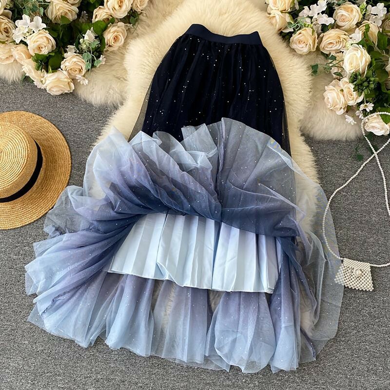 Gradient Color Irregular Tulle Skirt Spring And Summer High Waist Bubble Skirt Long Woman Skirts Faldas Bottoms Outfit Wear Hot