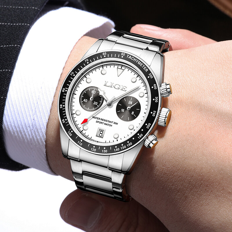 LIGE 남성용 럭셔리 손목 시계, 방수 발광 크로노그래프 시계, 스테인레스 스틸, 쿼츠 시계