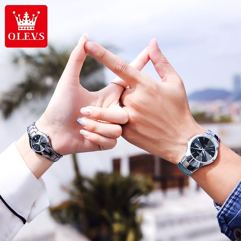 OLEVS 8697 zegarek dla pary kwarcowy romb lustrzany zegarek kwarcowy dla miłośników wodoodporny świecący zegarek ze stali nierdzewnej data tygodnia