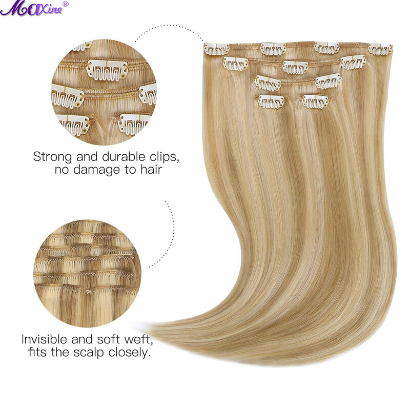 Clip in hair Extensions Light Blonde Highlighted Golden Blonde 5pcs Clip in Hair Extensions Real Human Hair Remy Hair Stright