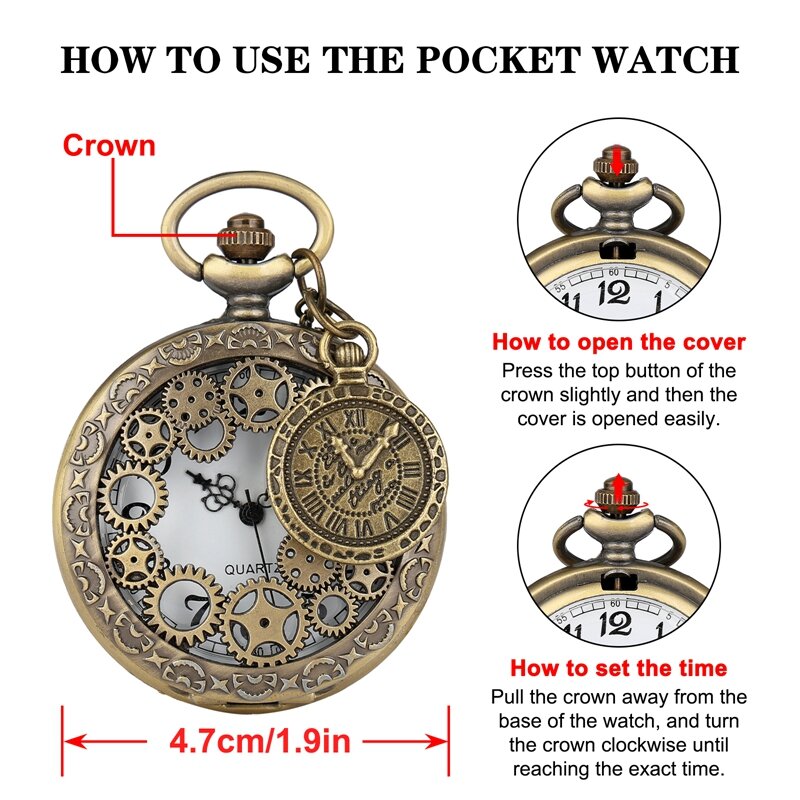 Reloj de bolsillo de cuarzo con engranaje hueco para hombres y mujeres, cadena de reloj con colgante de cobre antiguo Vintage, Steampunk, bronce