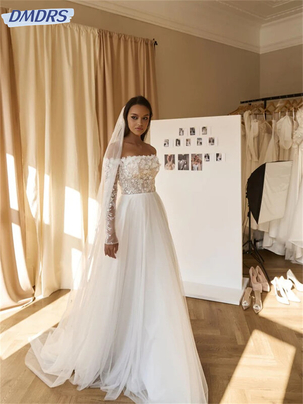 Vestido de casamento frisado com Appliqué gracioso, vestido até o chão, off-the-ombro, luxuoso robe de noiva elegante, 2022