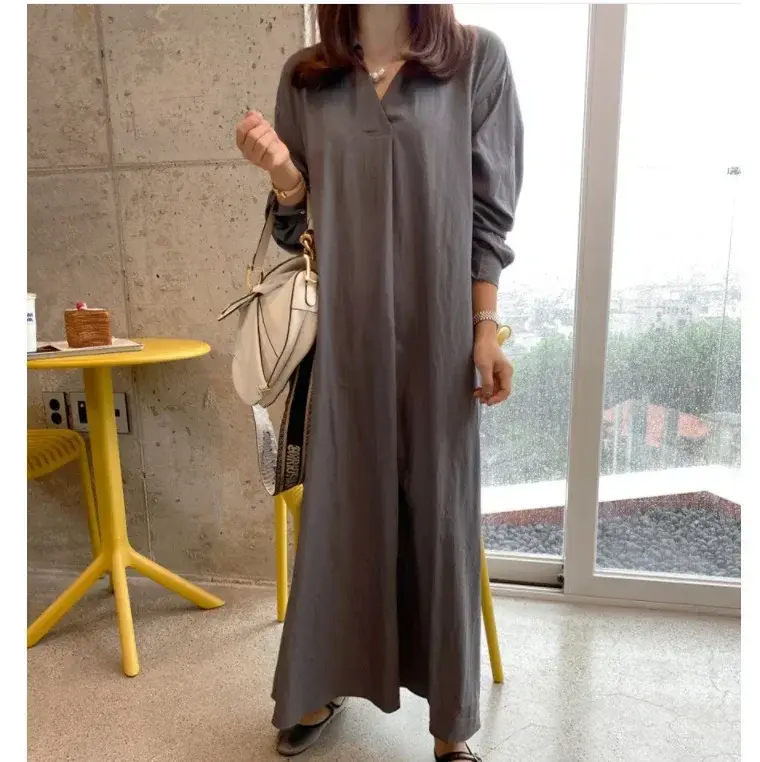 Vestidos largos de lino y algodón para mujer, ropa informal holgada de manga larga con cuello en V, color negro, 2024
