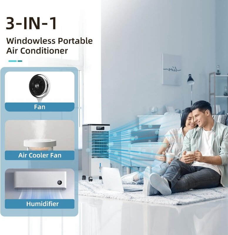 Portable Air Conditioners, 3-IN-1 Evaporative Swamp Cooler, 4 Modes & 3 Speeds, 12H Timer, Child Lock,Smart Remote&Touch Control