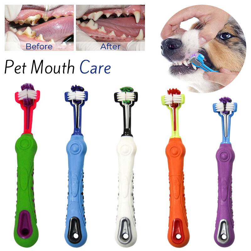 Brosse à dents multi-angle à trois côtés pour animaux de compagnie, 3 têtes, livres, chien, chat, mauvaise haleine, outil de soin des dents, livres, bouche