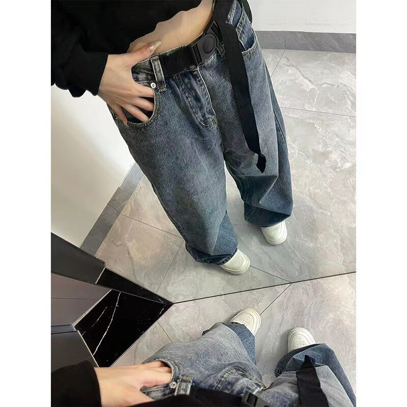 Harajuku-pantalones vaqueros holgados para mujer, ropa de calle de cintura alta, color azul oscuro y marrón, estilo años 90
