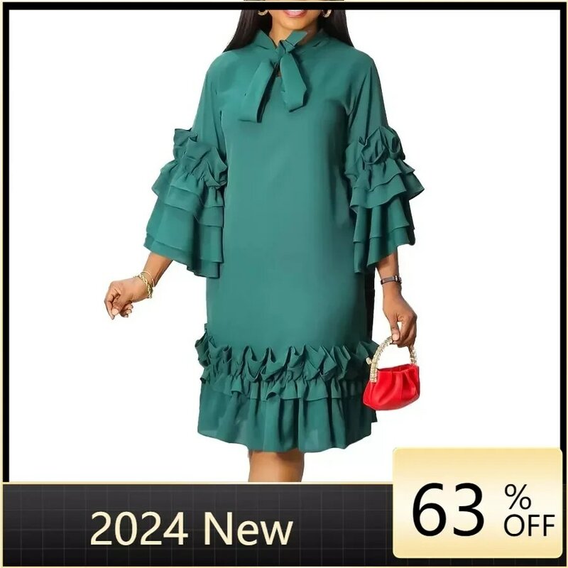 Elegant Ruffle Party Dress Women Solid Pleated Ruched Mini Evening Wedding Work Business Dress