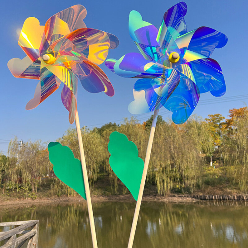 24CM colorato tenuto in mano palo di legno mulini a vento pianta da giardino repellente per fiori mulino a vento decorazione esterna repellente per uccelli riflettente