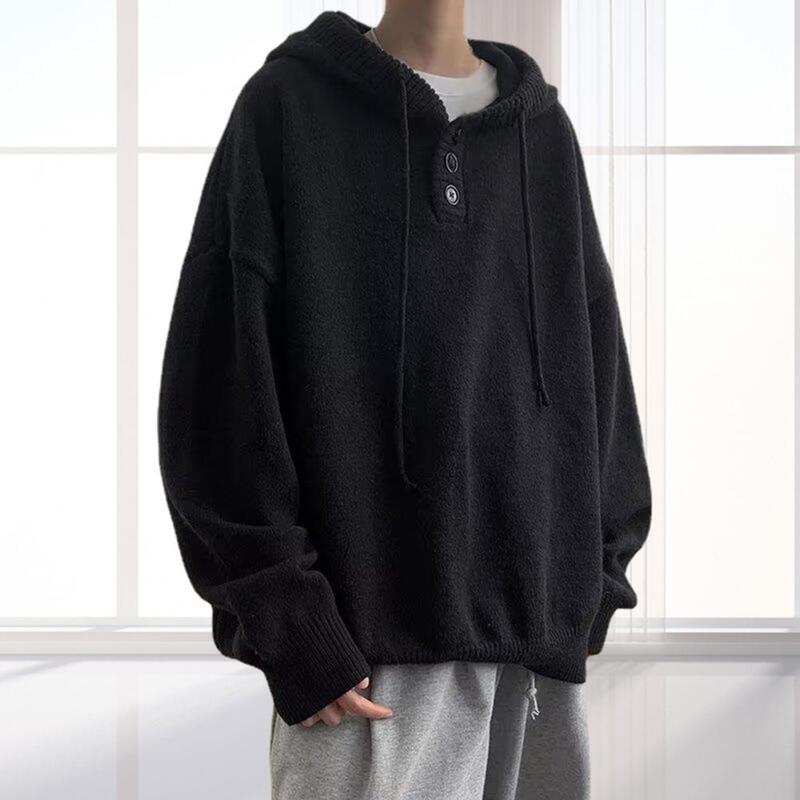 Sweater bertudung untuk pria, Sweater berkancing bergaya jalanan dengan tali serut hangat longgar panjang sedang ukuran Plus untuk pria