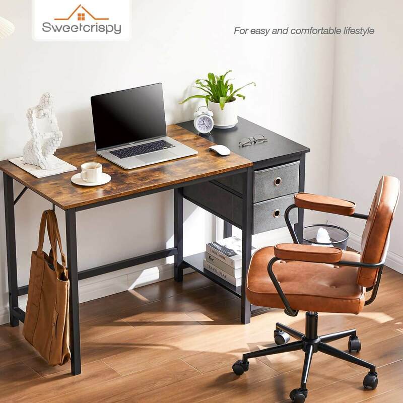 Schwarzer rustikaler moderner, einfacher Home-Office-Schreibtisch mit 2-stufigem Schubladen-Stauraum für einen schlanken und organisierten Arbeits bereich