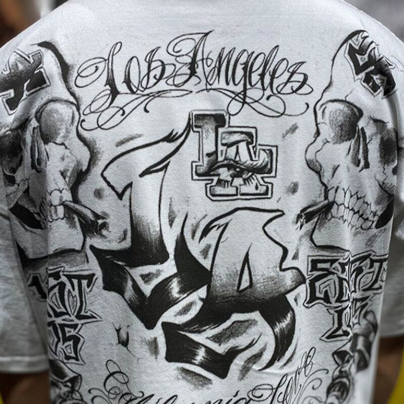男性用スカルプリントTシャツ,半袖ラウンドネックTシャツ,グラフィティレタープリント,カジュアルヒップホップスタイル
