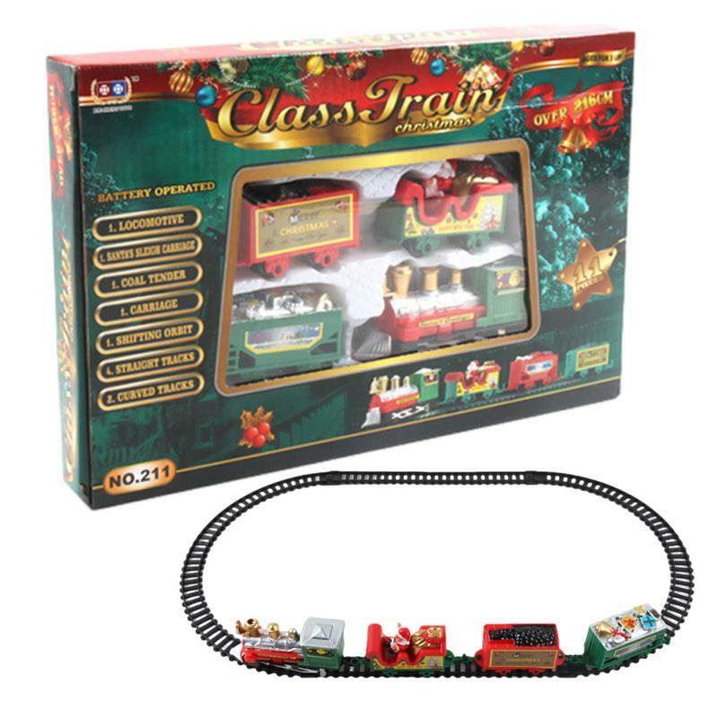 ชุดรถไฟไฟฟ้าคริสต์มาสชุดรถไฟของเล่นคลาสสิกพร้อมรถบรรทุกของเล่นเพื่อการศึกษาแบบ DIY ของเล่นก่อสร้างรถรางเพื่อความสนุกสนาน
