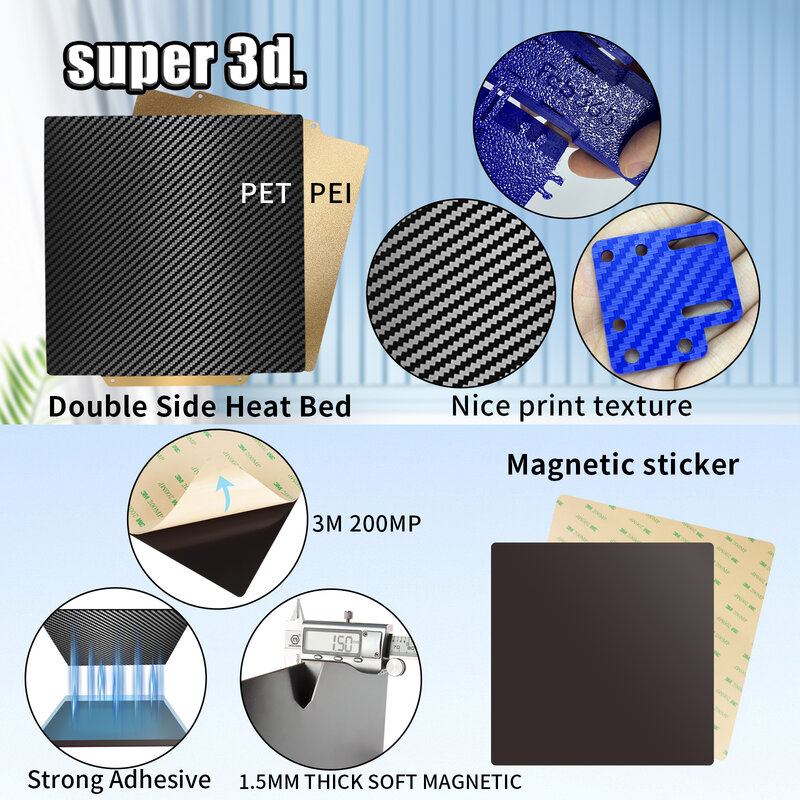 Double Side PET Carbon Fiber+PEI Spring Steel Sheet PEI Magnetic Build Plate 180/220/235/310/350 Heatbed for Ender 3 p1p Upgrade