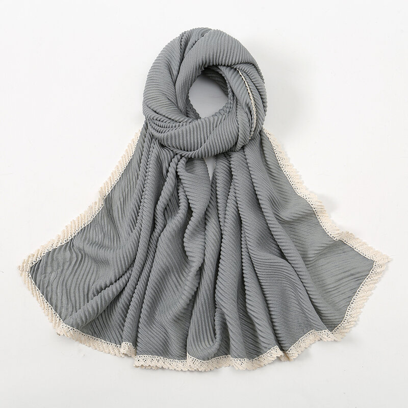 Crinkle plissado algodão hijab cachecóis para mulheres muçulmano longo xales cachecol de renda xales sólidos lenço envolve islam turbante bandana