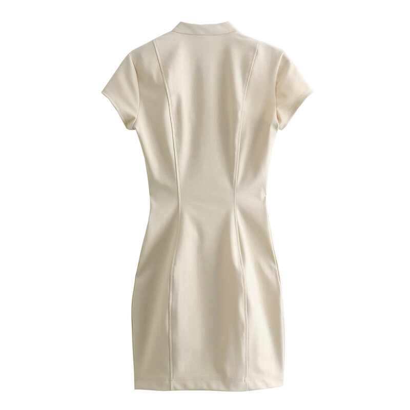 Vestido feminino de botão, mini vestido slim fit, decoração de bolso com zíper, moda retrô, novo, 2022