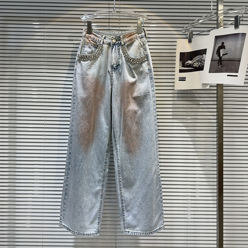 Pantalones holgados de pierna ancha Y2k para mujer, Jeans con bolsillo y cuentas de diamantes de imitación, teñido anudado, gran industria, Primavera, 2024