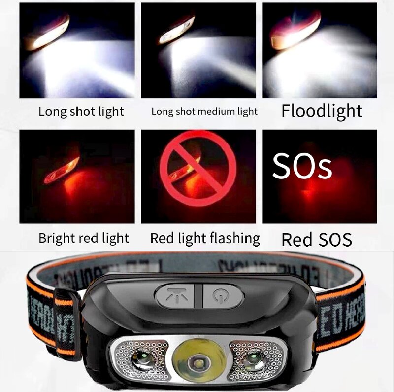 Lampe de poche à capteur LED aste par USB, lampe de sauna, lampe frontale, torche, batterie intégrée, camping, pêche, lanterne