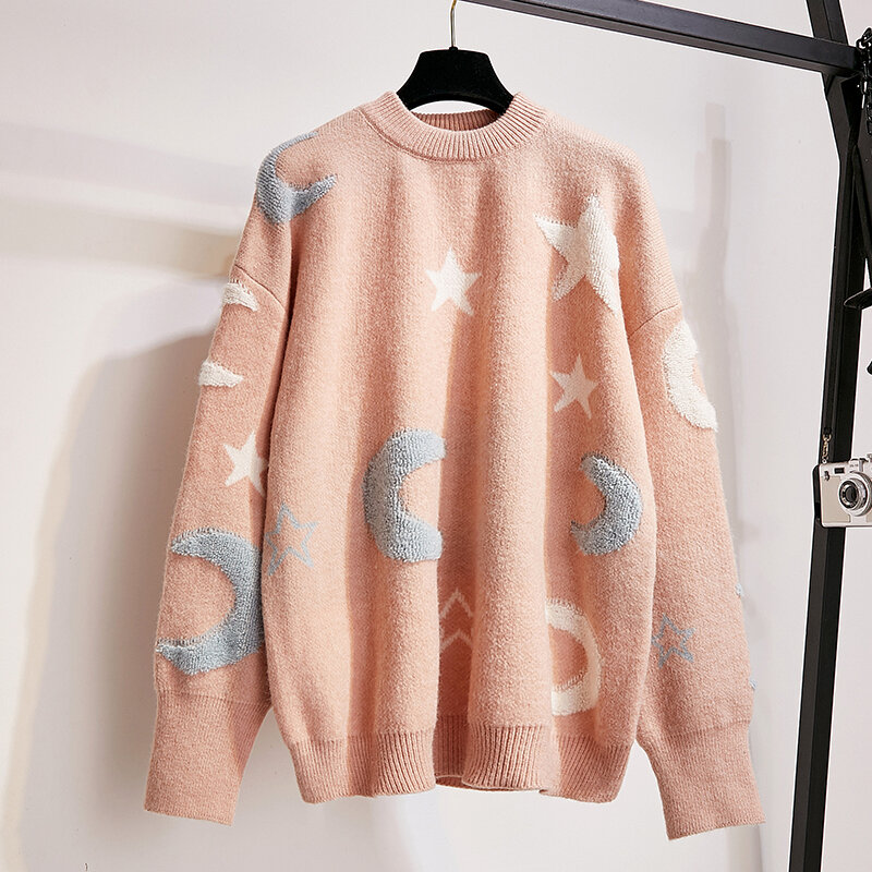 Женские белые свитера 2023 в Корейском стиле Новые звезды луна Повседневный джемпер для женщин кавайная Милая вязаная одежда розовый свитер пуловеры для девочек