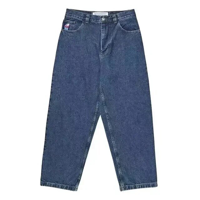 Streetwear de skate feminino, bordado do menino grande, calça jeans azul larga, padrão Y2K, casais retrô, hip hop, calças de basquete, roupas