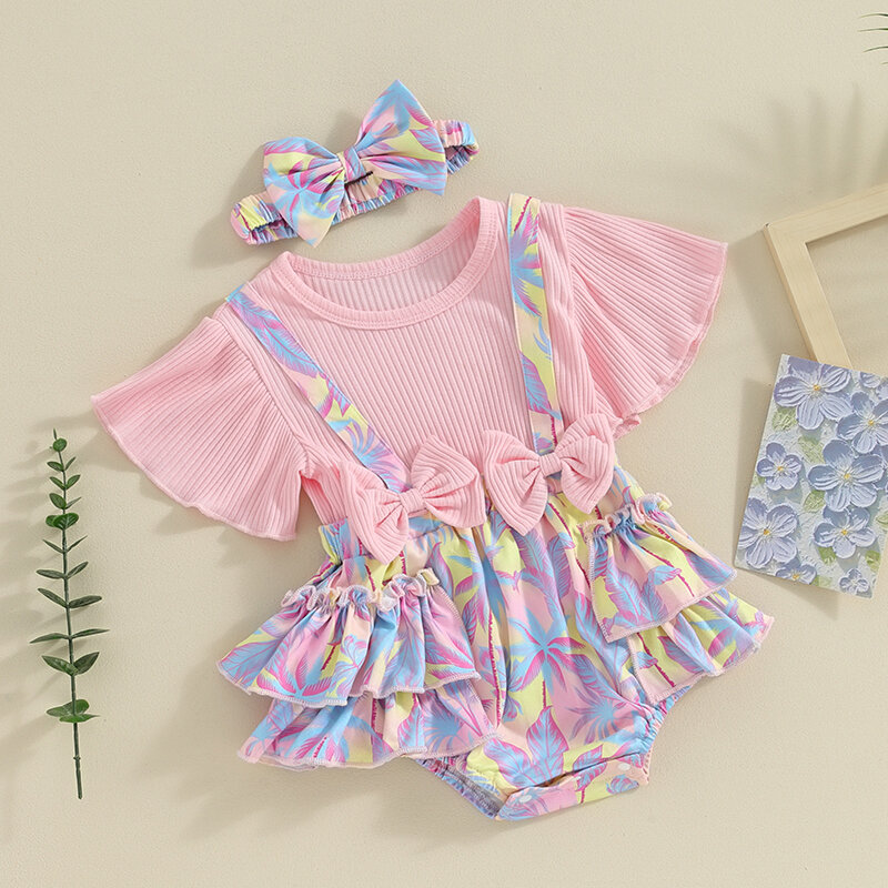 Gaun Princess motif Pohon untuk bayi perempuan, gaun Outfit cantik, gaun Romper motif Pohon lengan pendek dengan bando simpul kupu-kupu untuk bayi baru lahir, gaun putri
