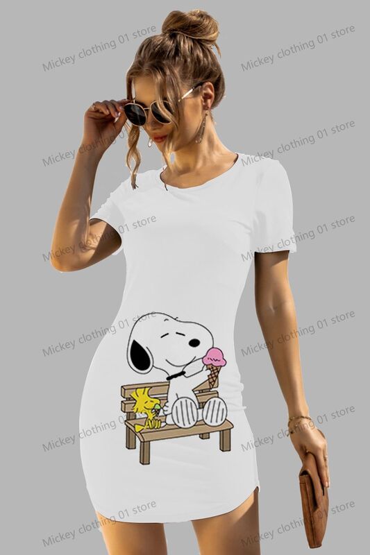 Snoopy Kawaii abiti a maniche corte da donna Anime Sanrio 2024 Y2k S-3XL vestito da ragazza piccante O collo moda estiva nuovo Sexy 2024