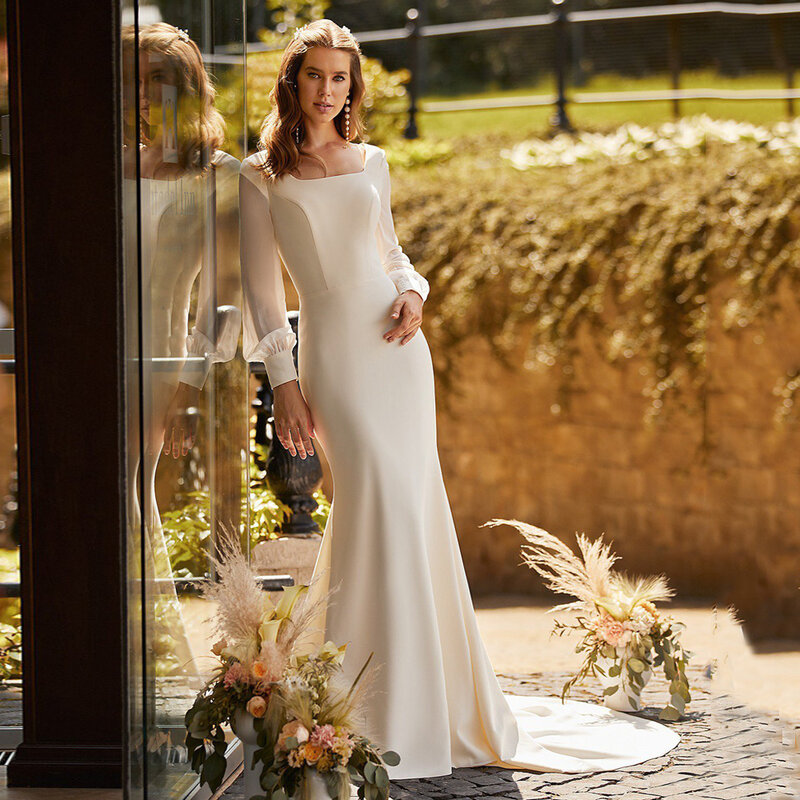 Gaun pernikahan putih wanita, sederhana dan elegan dengan kancing leher persegi lengan panjang satin putri duyung panjang lantai gaun pengantin