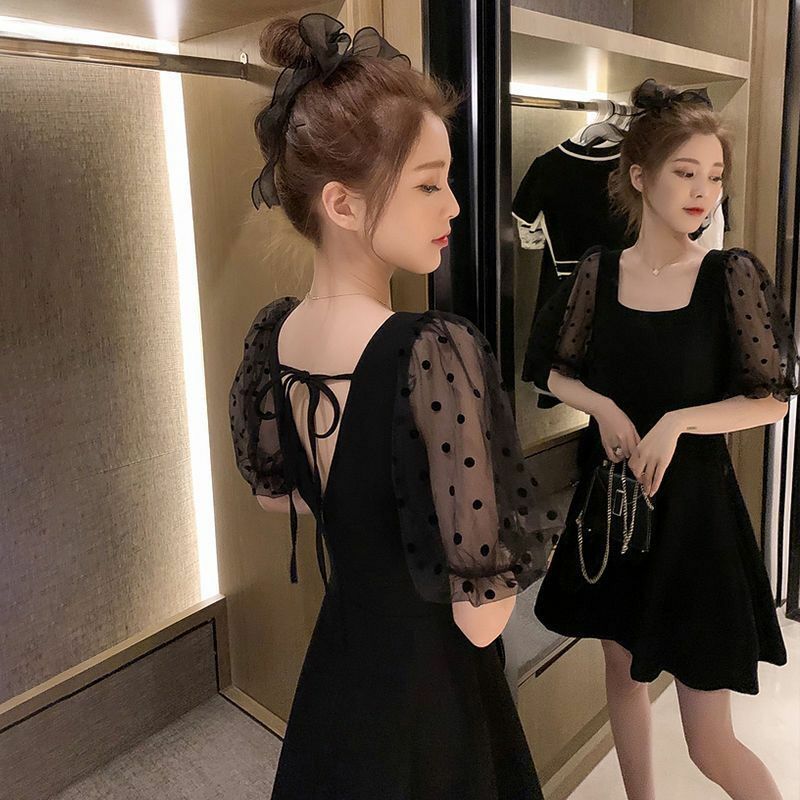 2024 Spring/Summer Korean Edition New Waist Slimming Style Combination Chiffon Dress Black Fashion Dress