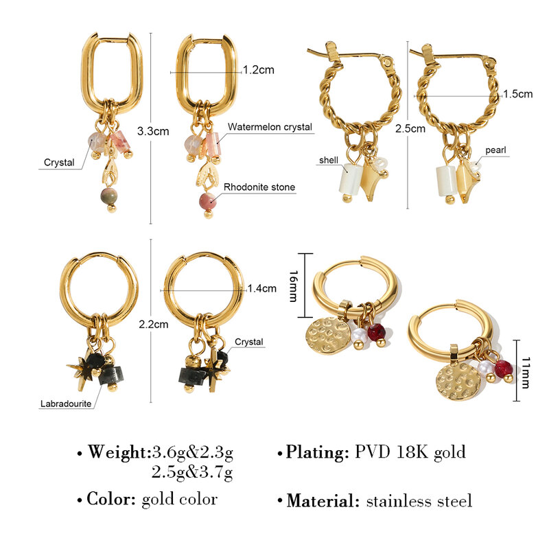 YACHAN 18K Gold Plated Stainless Steel Hoop Earrings for Women Natural Stone Pink Cute Charms Waterproof Jewelry