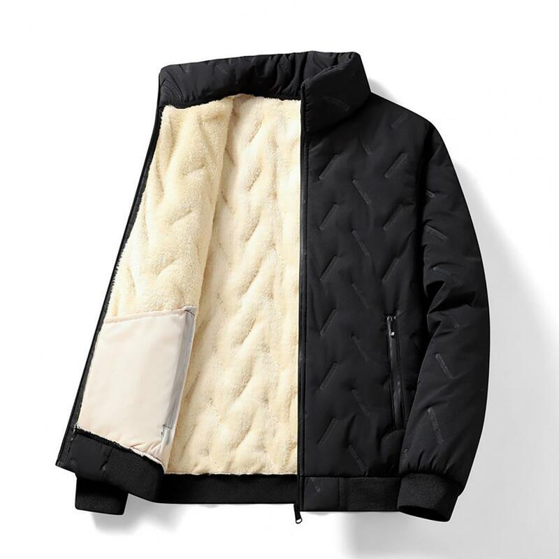방풍 중간 길이 남성용 재킷, 스탠드 칼라, 두꺼운 플러시 패딩, 지퍼 클로저, 겨울 가을