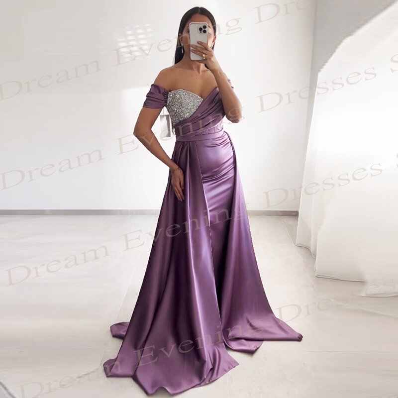 Gaun malam populer putri duyung wanita ungu modis gaun Prom bermanik tanpa lengan bahu terbuka yang menawan pleple