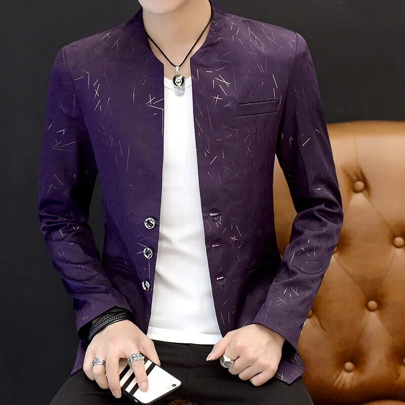 Suit masculino casual printed, tunchinês com colarinho, versão coreano, jaqueta fina, para homens
