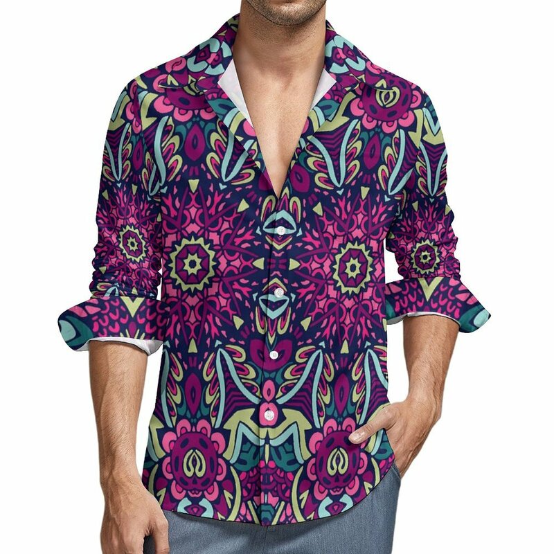 Camisa étnica Vintage para hombres, camisas casuales con estampado Floral Retro, blusa fresca de manga larga, ropa de calle gráfica, Tops de talla grande, otoño