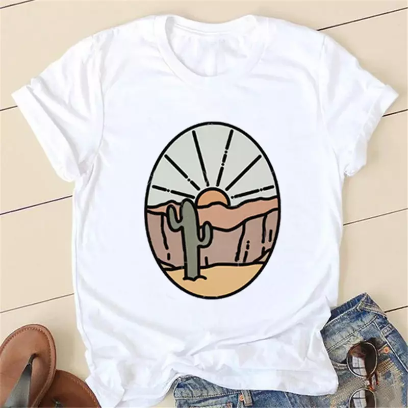 Camisa de acampamento de verão feminina, camiseta gráfica com sapatos femininos, moda casual, fofo, viagem, feriado, novo, camiseta feminina, década de 1990