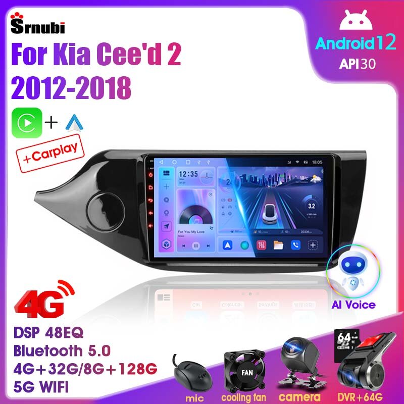 Автомобильная Мультимедийная магнитола 2DIN, 4G, Android 12, видеоплеер для Kia Ceed, Cee 'd 2, JD 2012-2018, GPS-навигация для Carplay, аудиоголовное устройство 9 дюймов