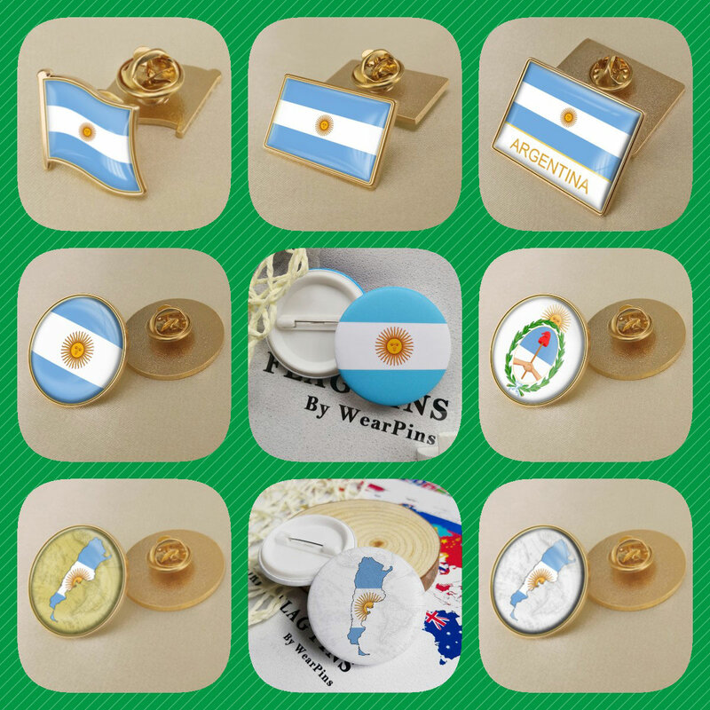 Mapa de Argentina, bandera nacional, emblema nacional, broche de flores, insignias, alfileres de solapa