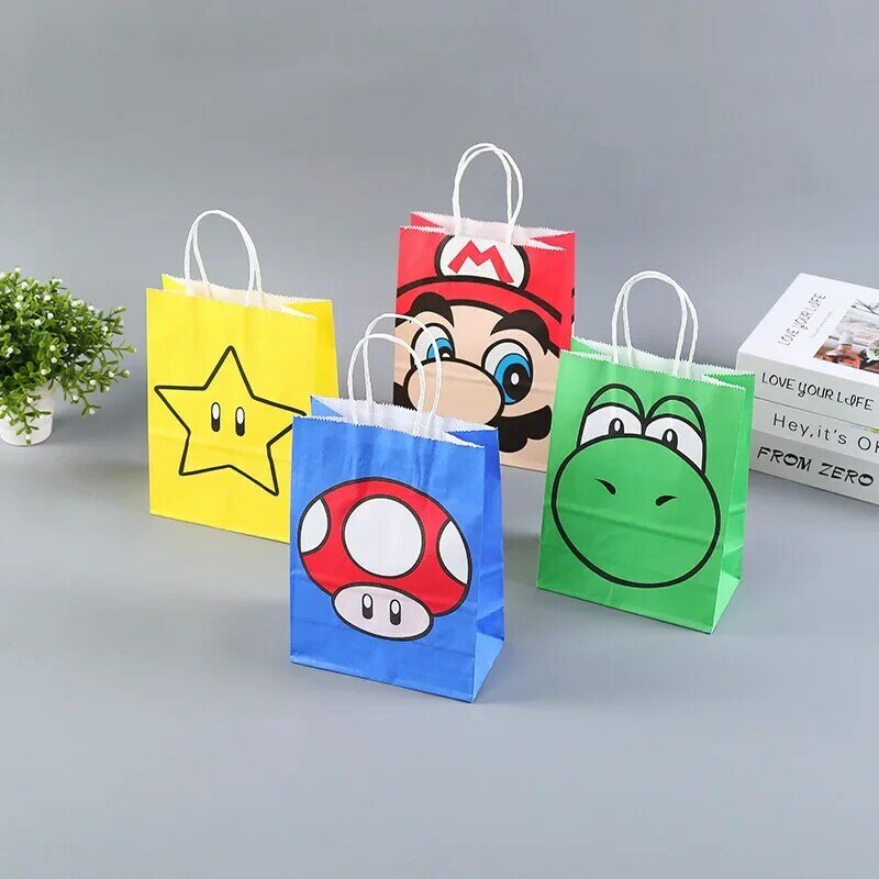 Super Mario Party Tote Bag Creative Anime Peripheral Mushroom Star Print Party Theme Candy Gift Bag Kraft Bag Children Toy Gift