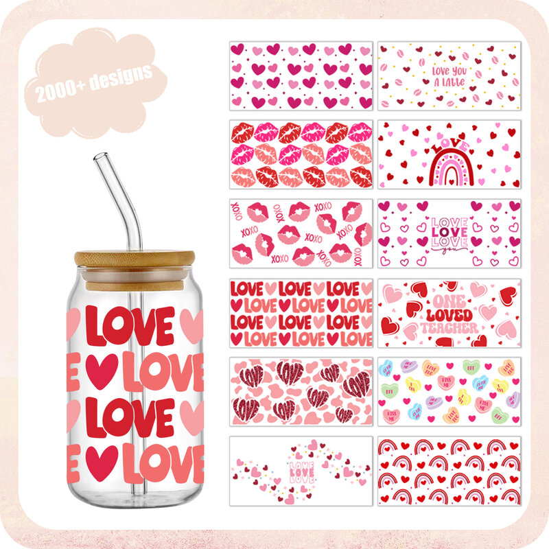 Envolturas de copa UV Dtf para el Día de San Valentín, latas de vidrio libre de 16oz, listo para enviar, venta al por mayor