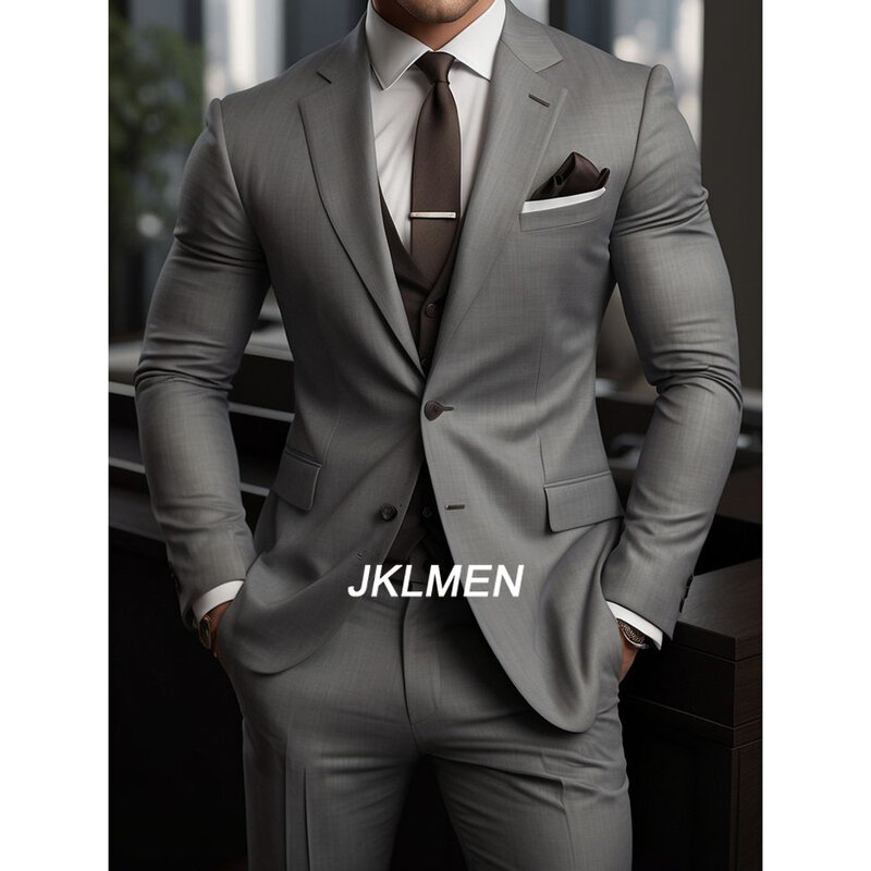 High Quality Men's Suits Grey Outfits Single Breasted Notch Lapel Wedding Costume Homme 3Piece Jacket Pants Vest Slim Fit 2024