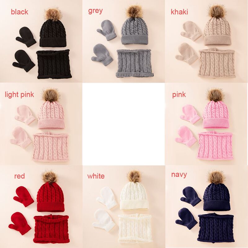3PCS/Set Cute Baby Hat Scarf Gloves Set Solid Color Cotton Caps Winter Warm Accessories for Kids 0-3 Years Boys Girls Children