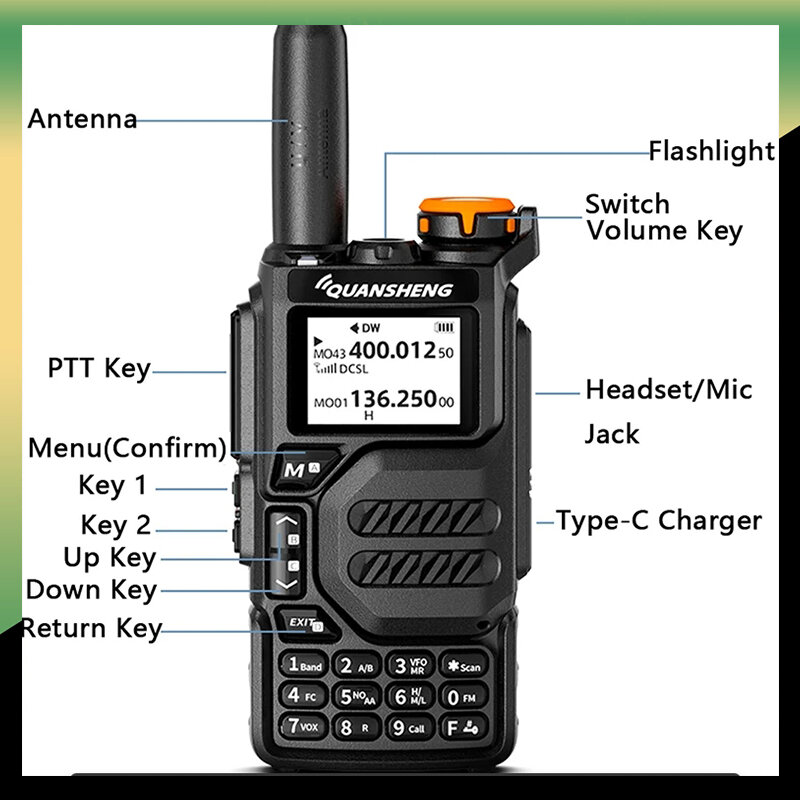 Quansheng-UV-K5 Walkie Talkie, Cópia de Frequência sem fio, Rádio 2Way, NOAA FM, UHF, VHF Scrambler, DTMF, 50-600MHz, 1600mAh, 200CH