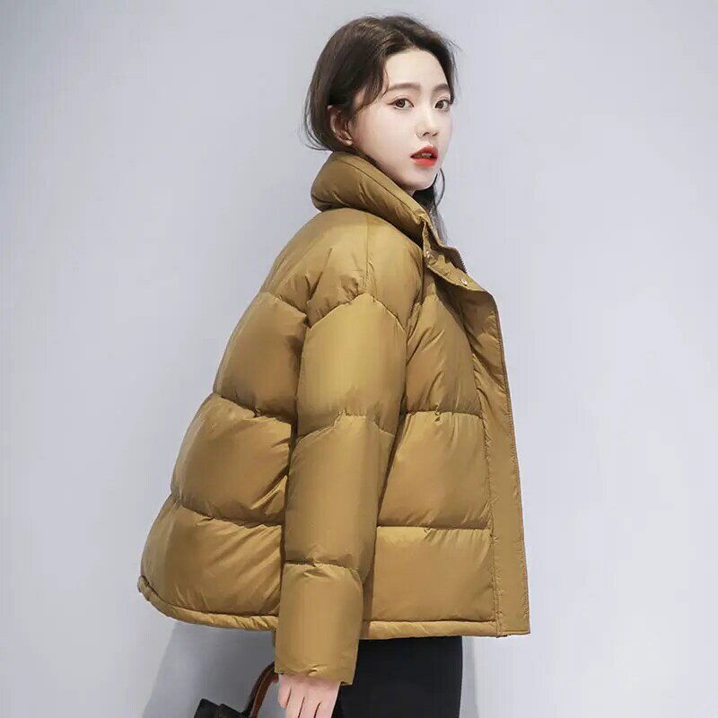 Fato de pato branco feminino, casaco grosso, jaquetas de gola alta, moda coreana, curto, inverno, novo, 2023