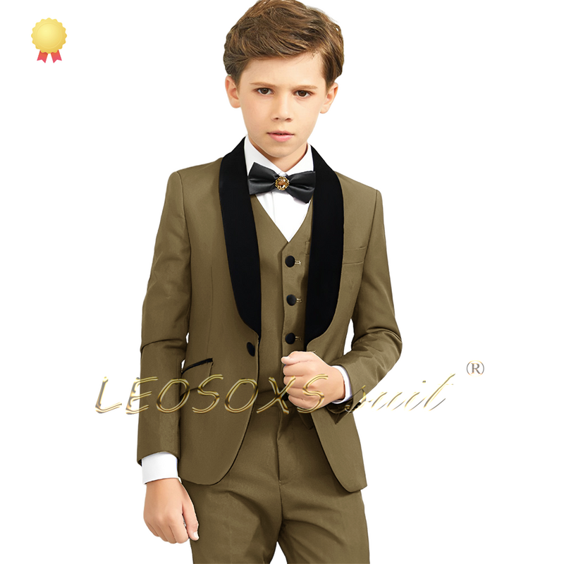 Костюм для мальчиков, Черная шаль, воротник, смокинг, комплект из 3 предметов (пиджак + жилет + брюки), индивидуальный детский Свадебный костюм на день рождения