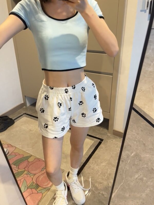 HOUZHOU pantalones cortos Kawaii de estilo japonés para mujer, pantalones cortos con estampado de dibujos animados, cintura elástica informal para el hogar, Y2k, Harajuku, Verano